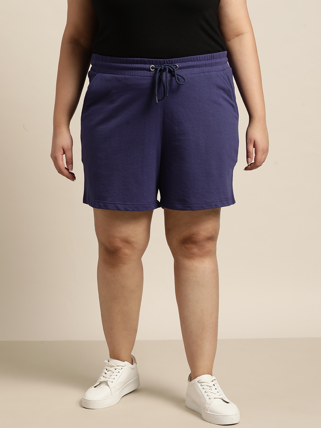 Sztori Women Plus Size Navy Blue Pure Cotton Shorts