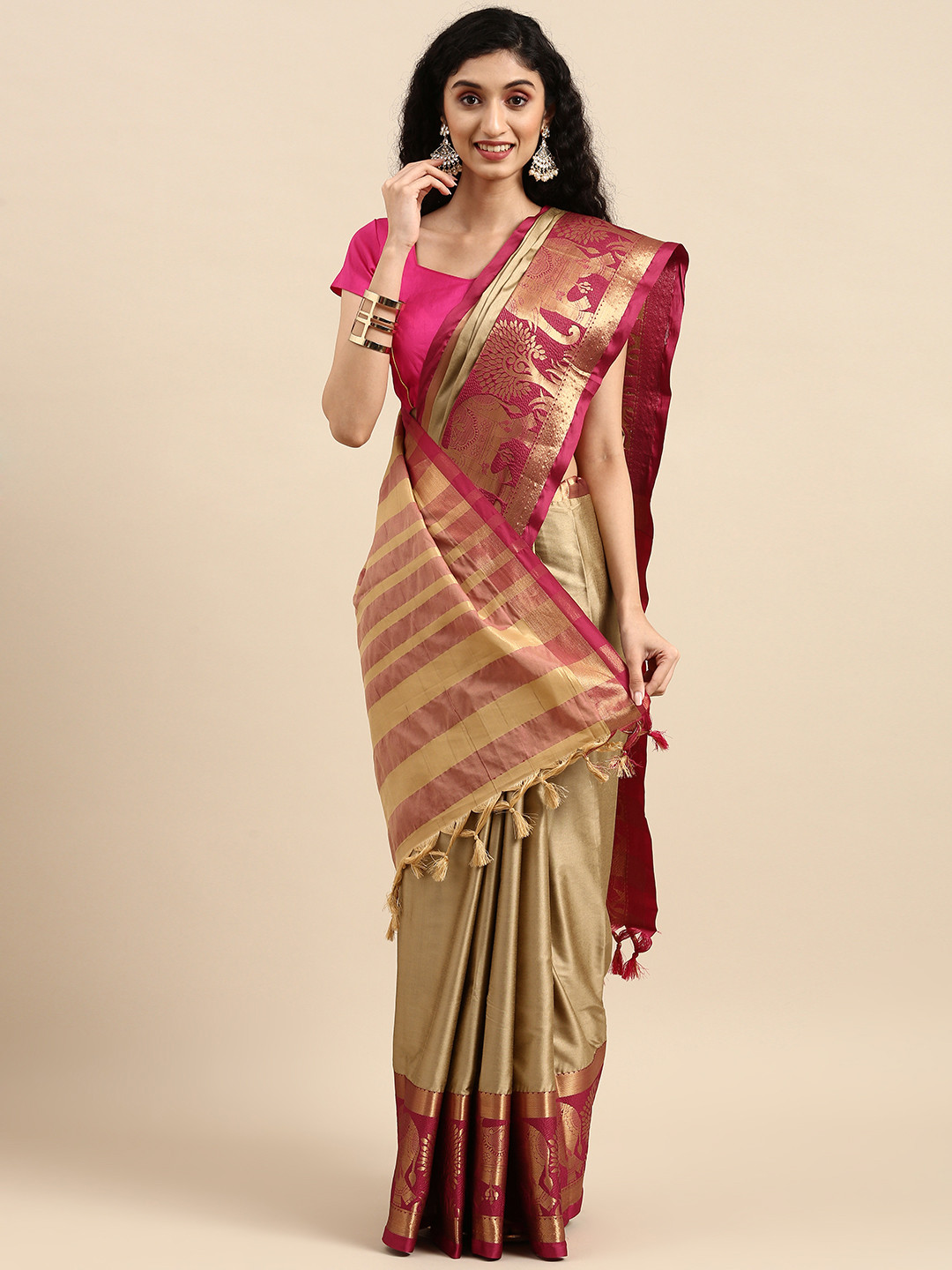 Anouk Beige Woven Design Pure Silk Kanjeevaram Saree 
Anouk Beige Woven Design Pure Silk Kanjeevaram Saree