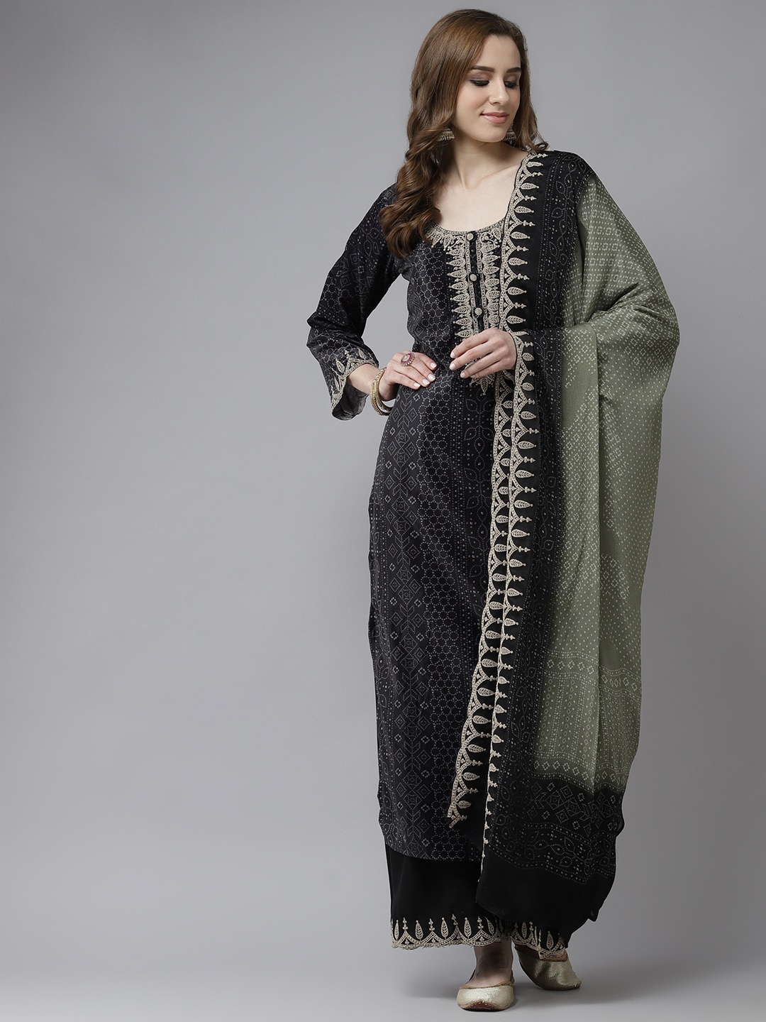 Indo Era Black & Grey Bandhani Print Zari Velvet Straight Kurta with Palazzos & Dupatta
Indo Era Black & Grey Bandhani Print Zari Velvet Straight Kurta with Palazzos & Dupatta