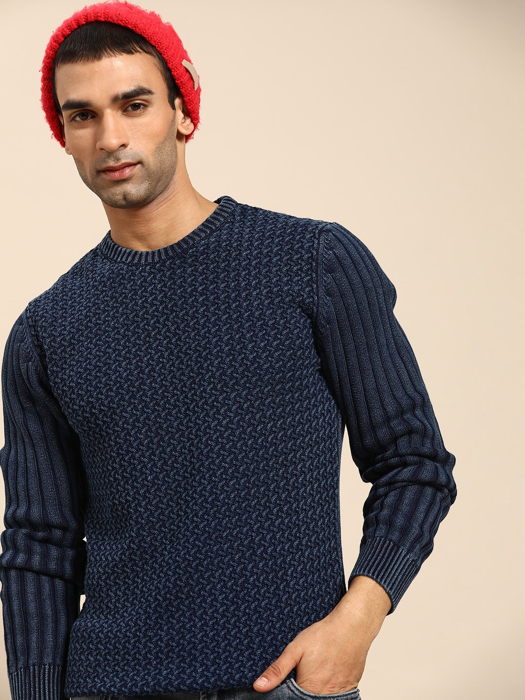 United Colors of Benetton Men Navy Blue Self Design Pullover