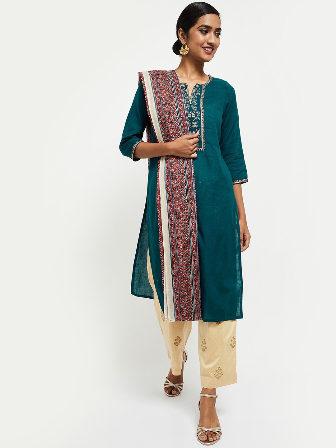 max Women Teal Blue Ethnic Motifs Kurta with Palazzos & With Dupatta