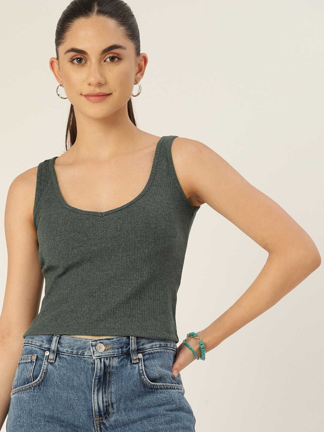 DressBerry Charcoal Grey Ribbed Crop Top