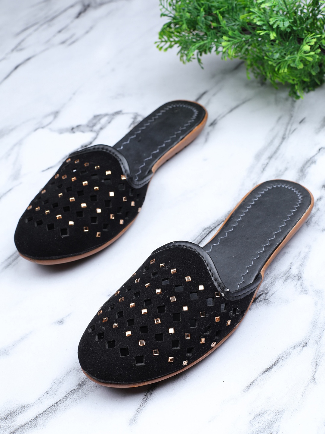 FABBMATE Women Black Embellished Mules Flats
