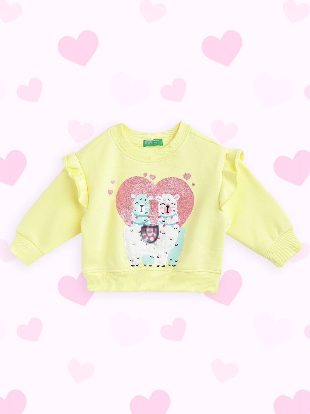 United Colors of Benetton Girls Yellow Printed Sweatshirt with Applique Detail