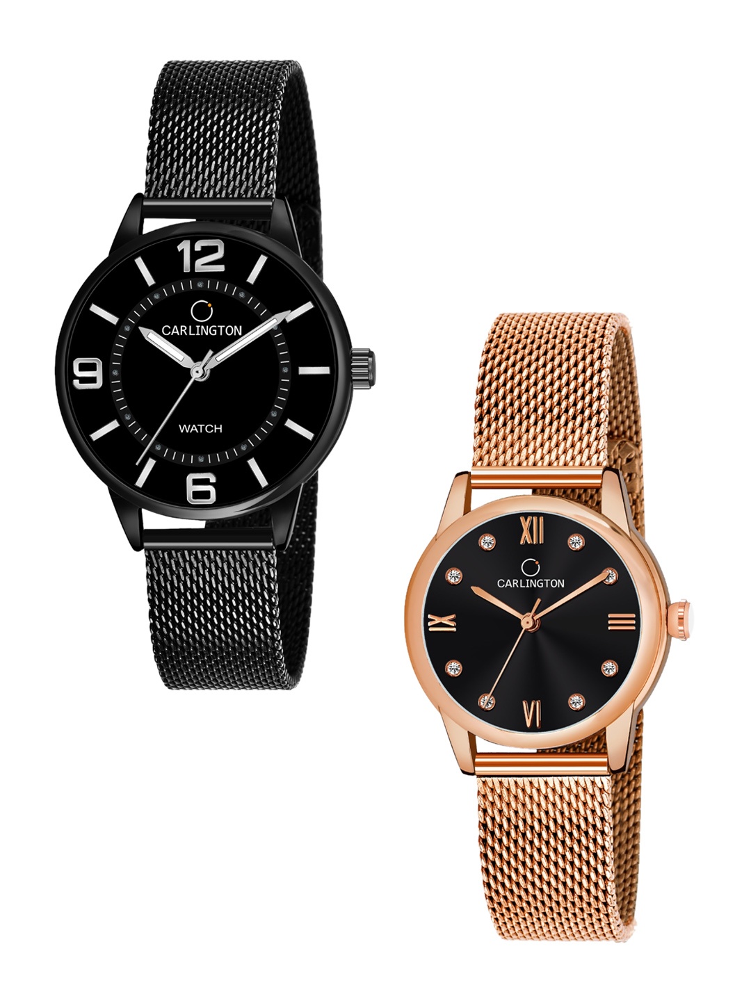 CARLINGTON Women Black & Rose Gold Set Of 2 Stainless Steel Analogue Watch
