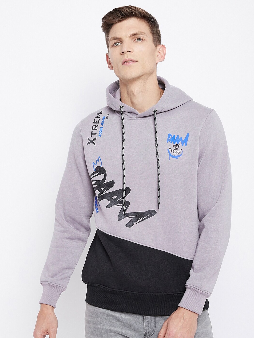 Adobe Men Grey Printed Hooded Sweatshirt