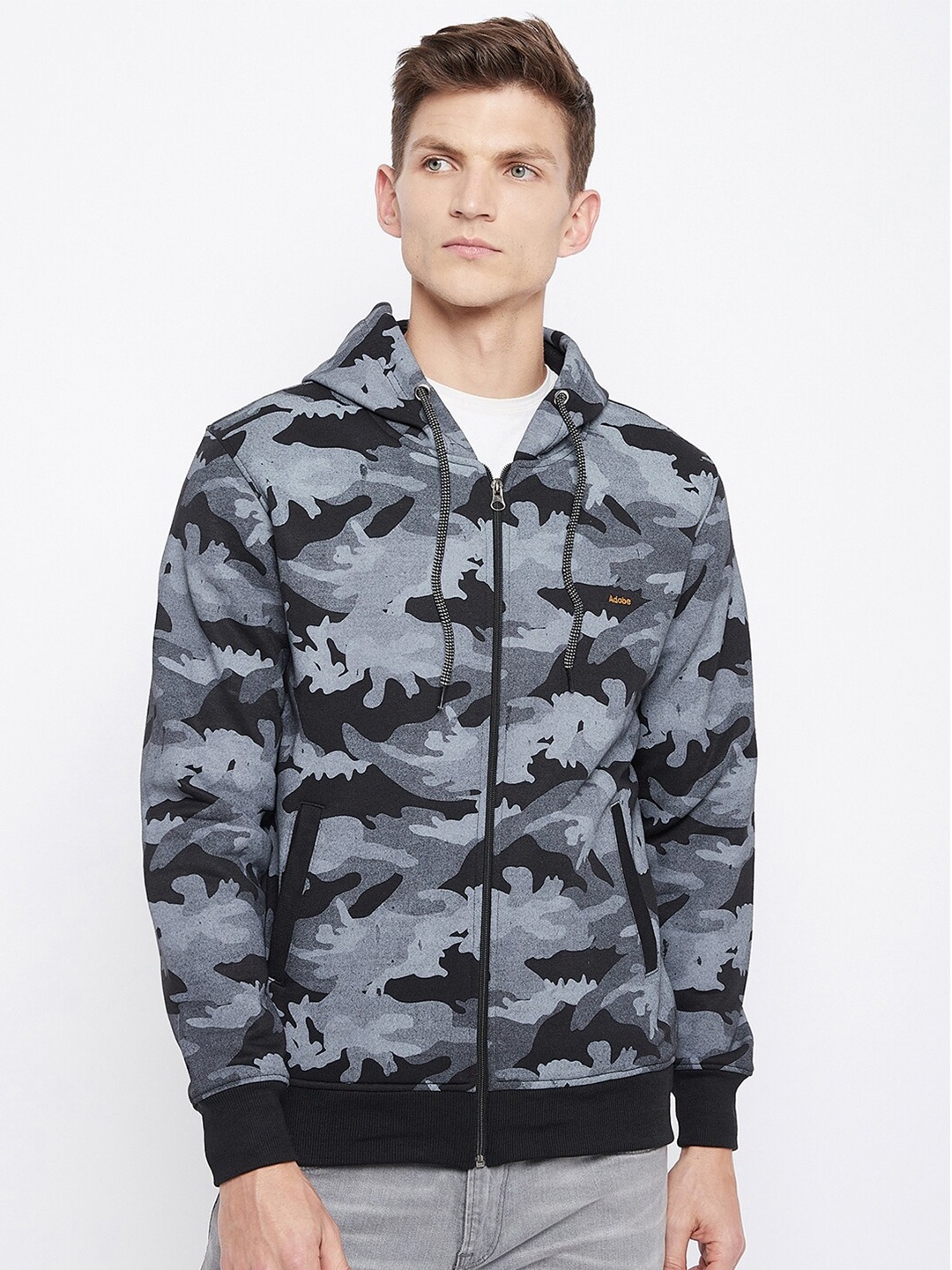 Adobe Men Black Printed Hooded Sweatshirt
