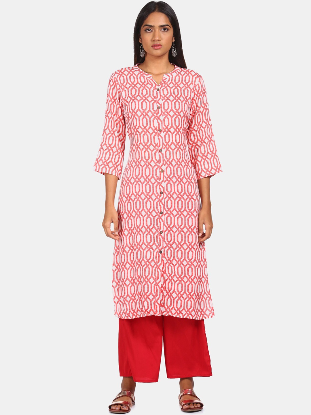 Karigari Women Off white & Red Geometric Printed Kurta