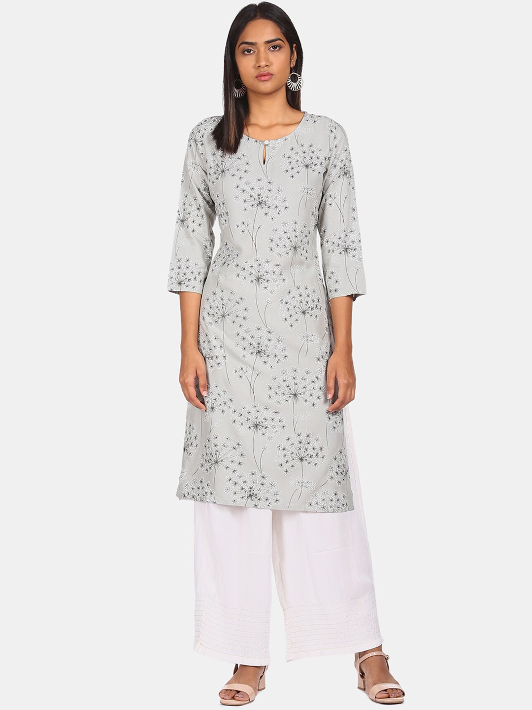 Karigari Women Grey Floral Printed Mirror Work Kurta