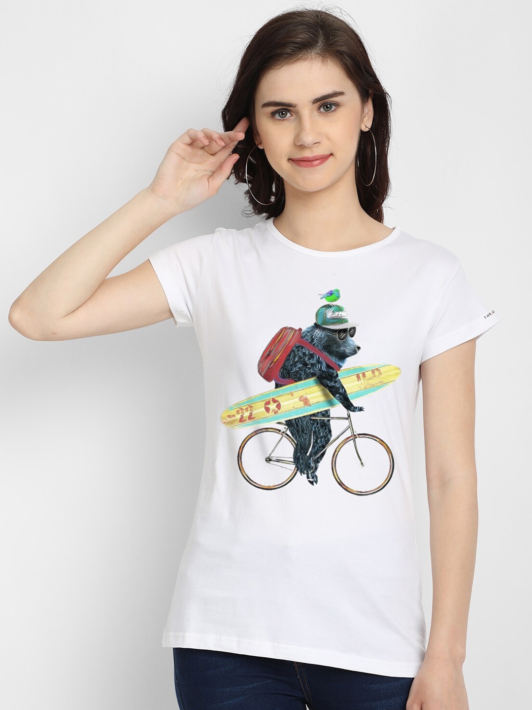 THREADCURRY Women White & Blue Printed Cotton T-shirt