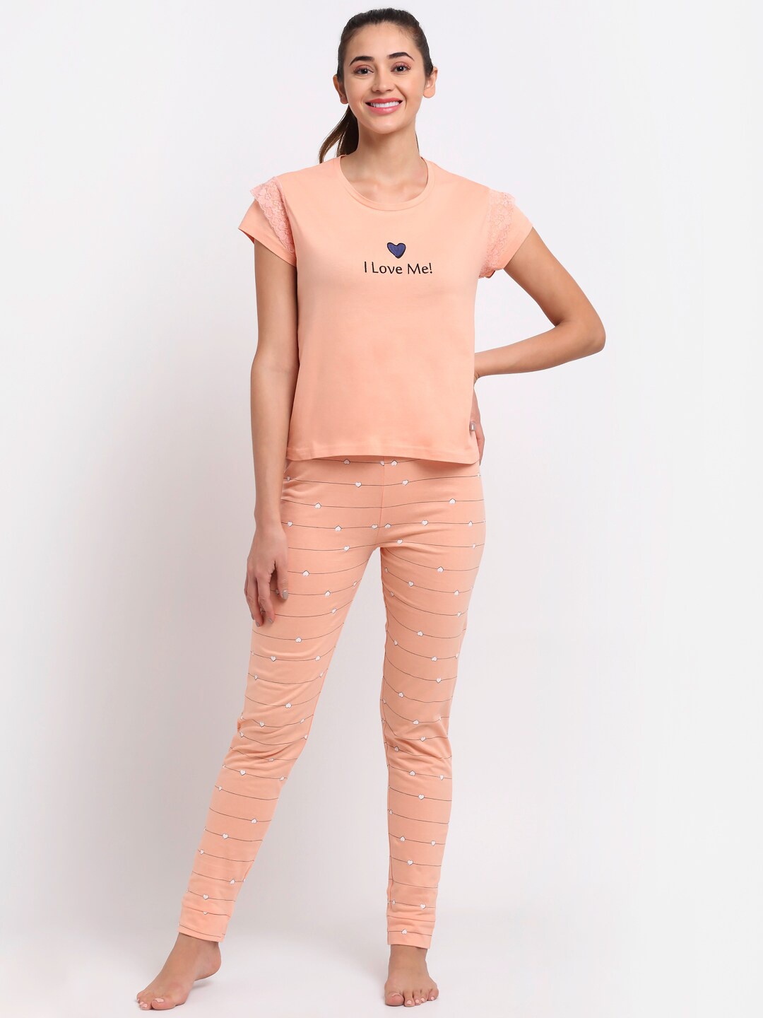 Slumber Jill Women Coral & White Pure Cotton Night suit