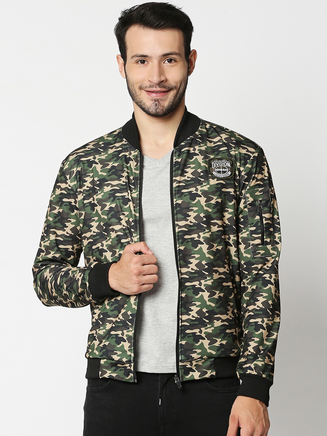 High Star Men Green Beige Camouflage Bomber Jacket