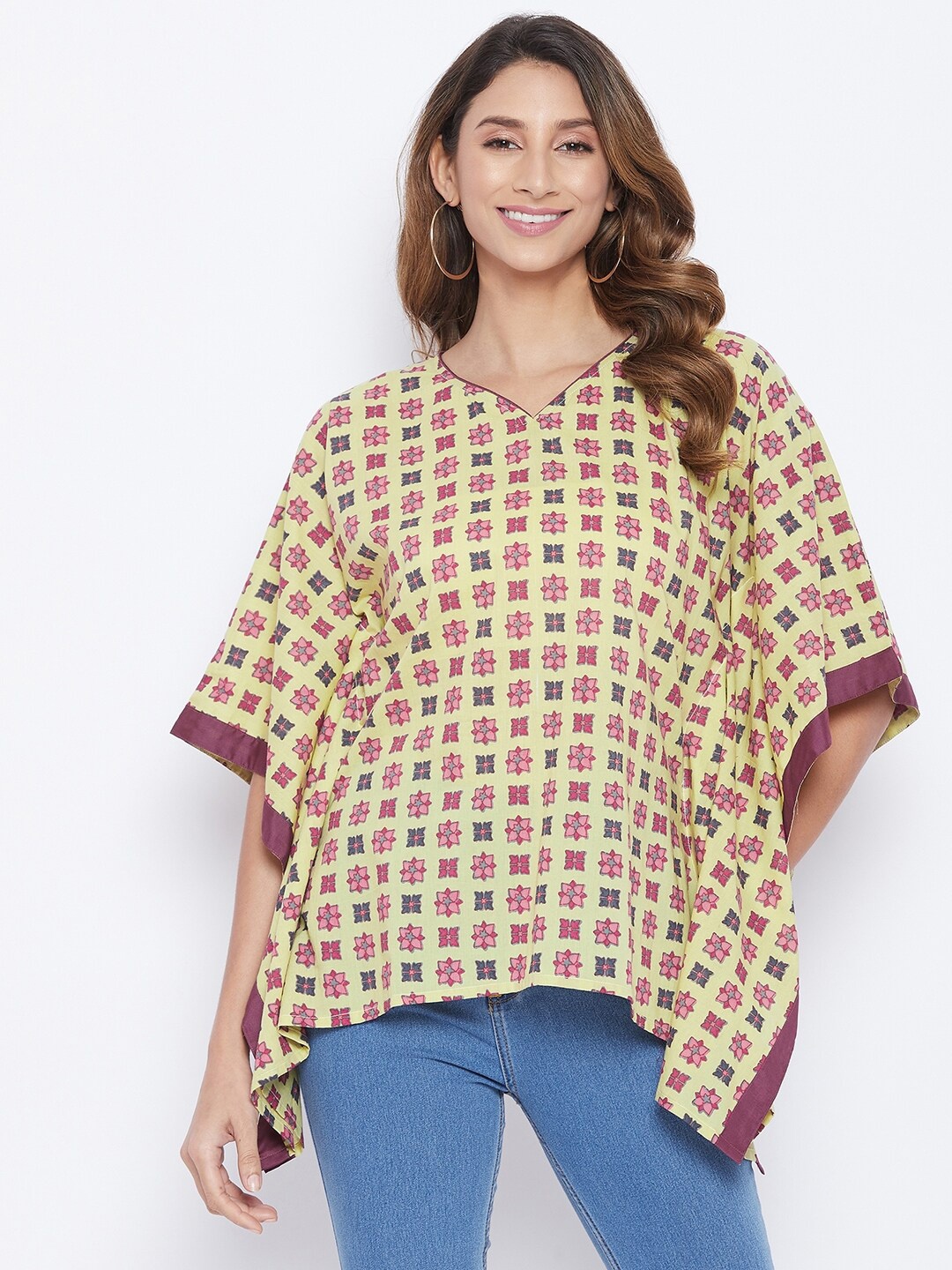 The Kaftan Company Women Yellow & Pink Floral V-neck Kaftan Top