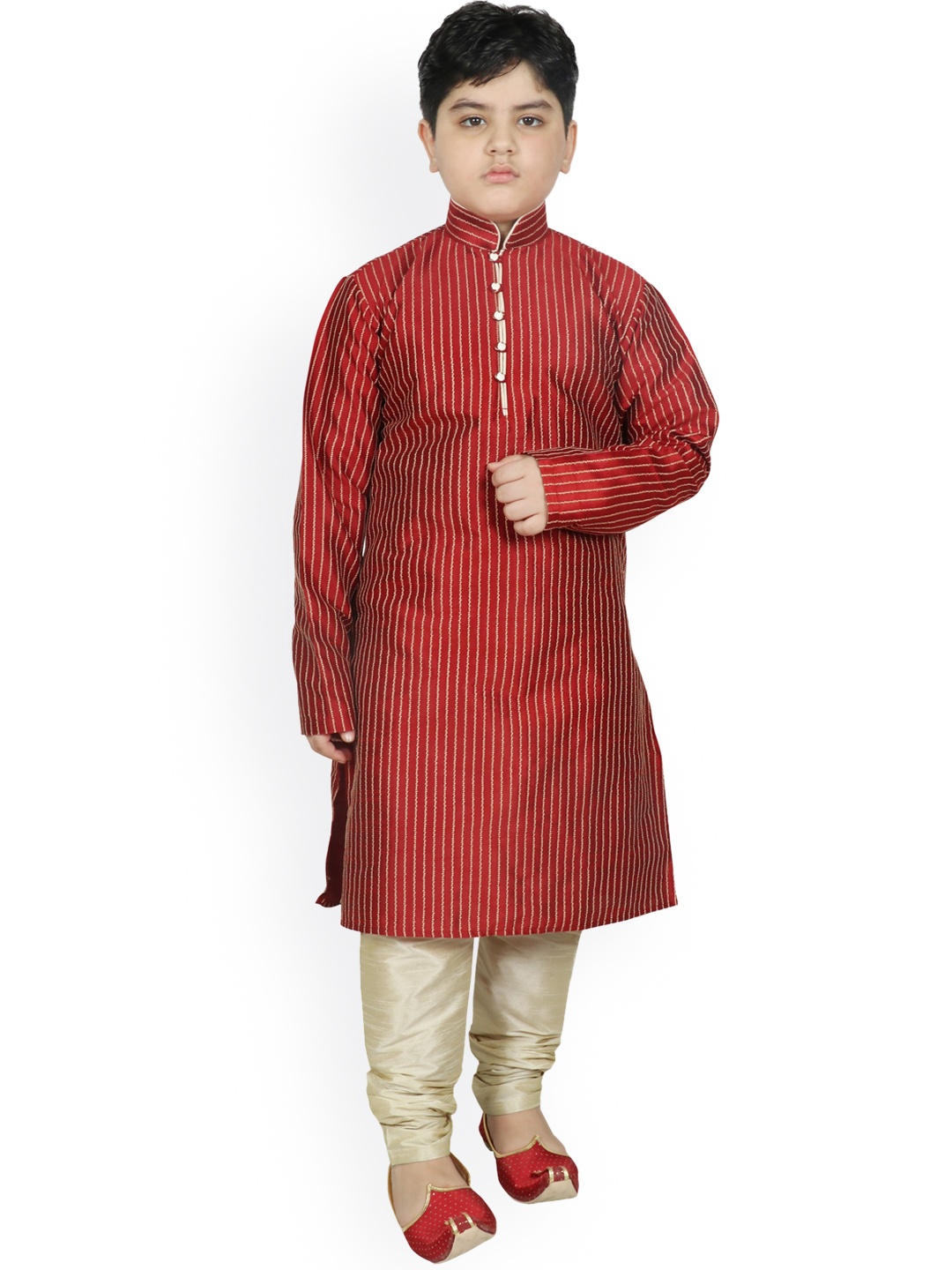 SG YUVRAJ Boys Maroon & Beige Striped Regular Raw Silk Kurta with Churidar