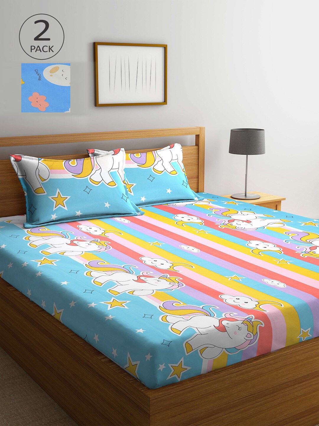 KLOTTHE Blue & Yellow Cartoon Characters 210 TC 2 King Bedsheet with 4 Pillow Covers