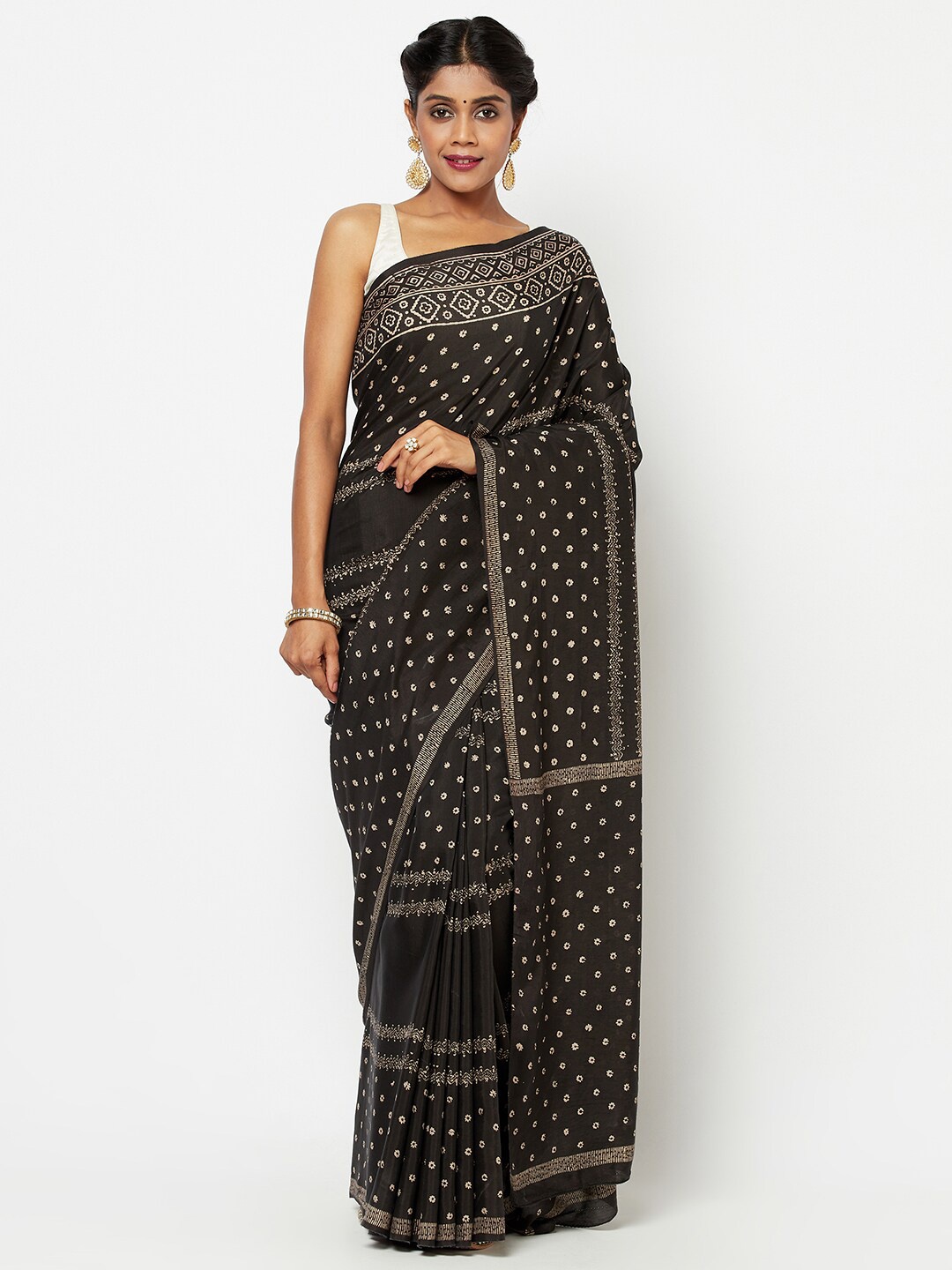 Fabindia Black & White Bandhani Block Print Saree