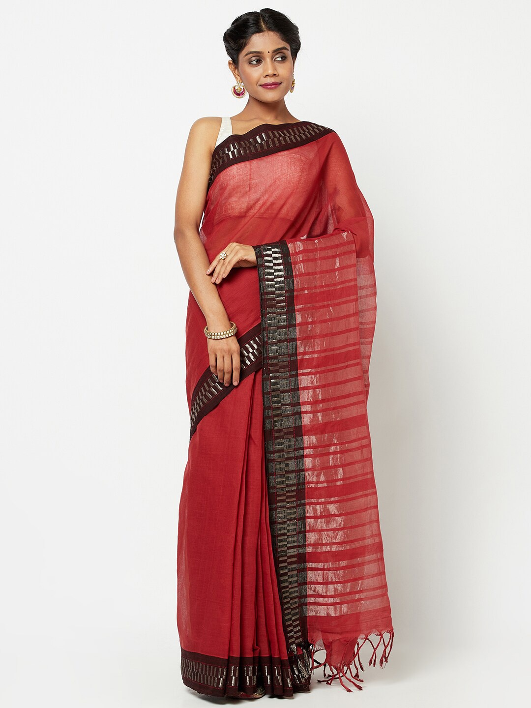 Fabindia Red & Brown Pure Cotton Saree