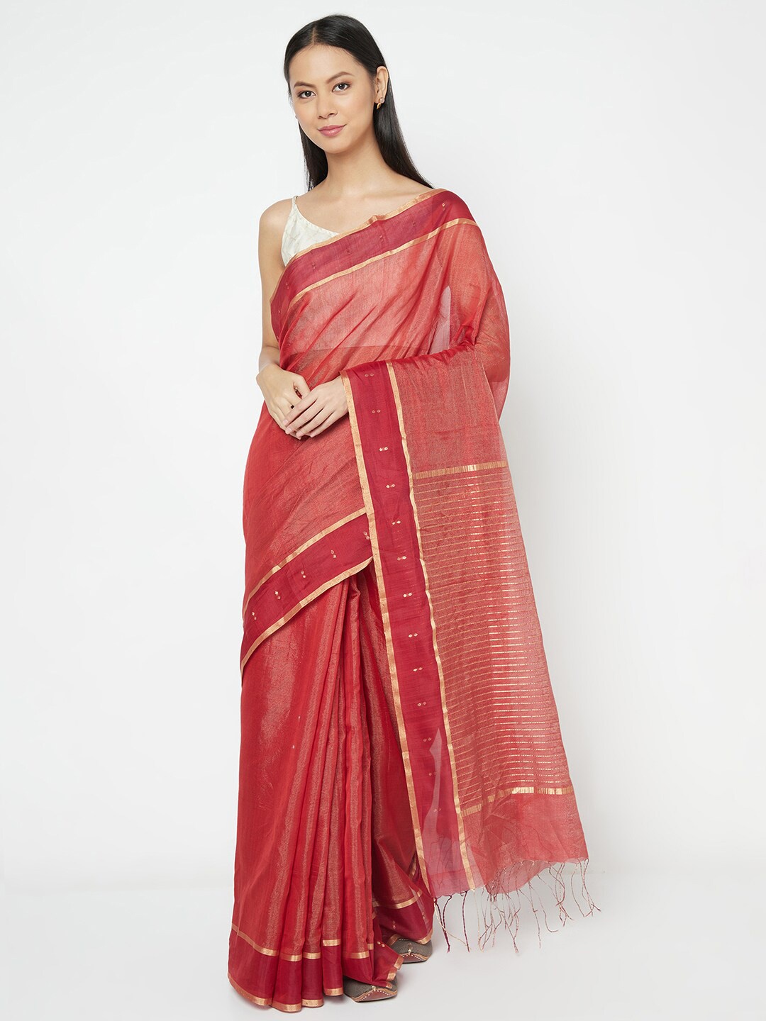 Fabindia Maroon Solid Chanderi Saree
