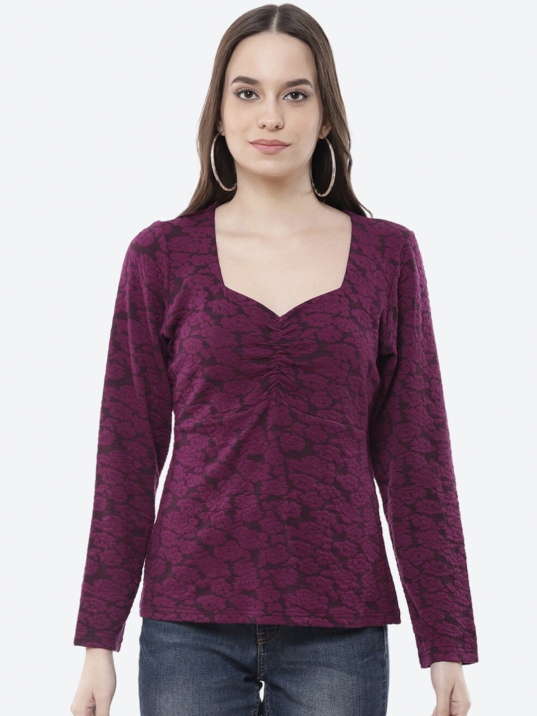 Kurti's by Menka Purple Floral Sweetheart Neck Winter Top