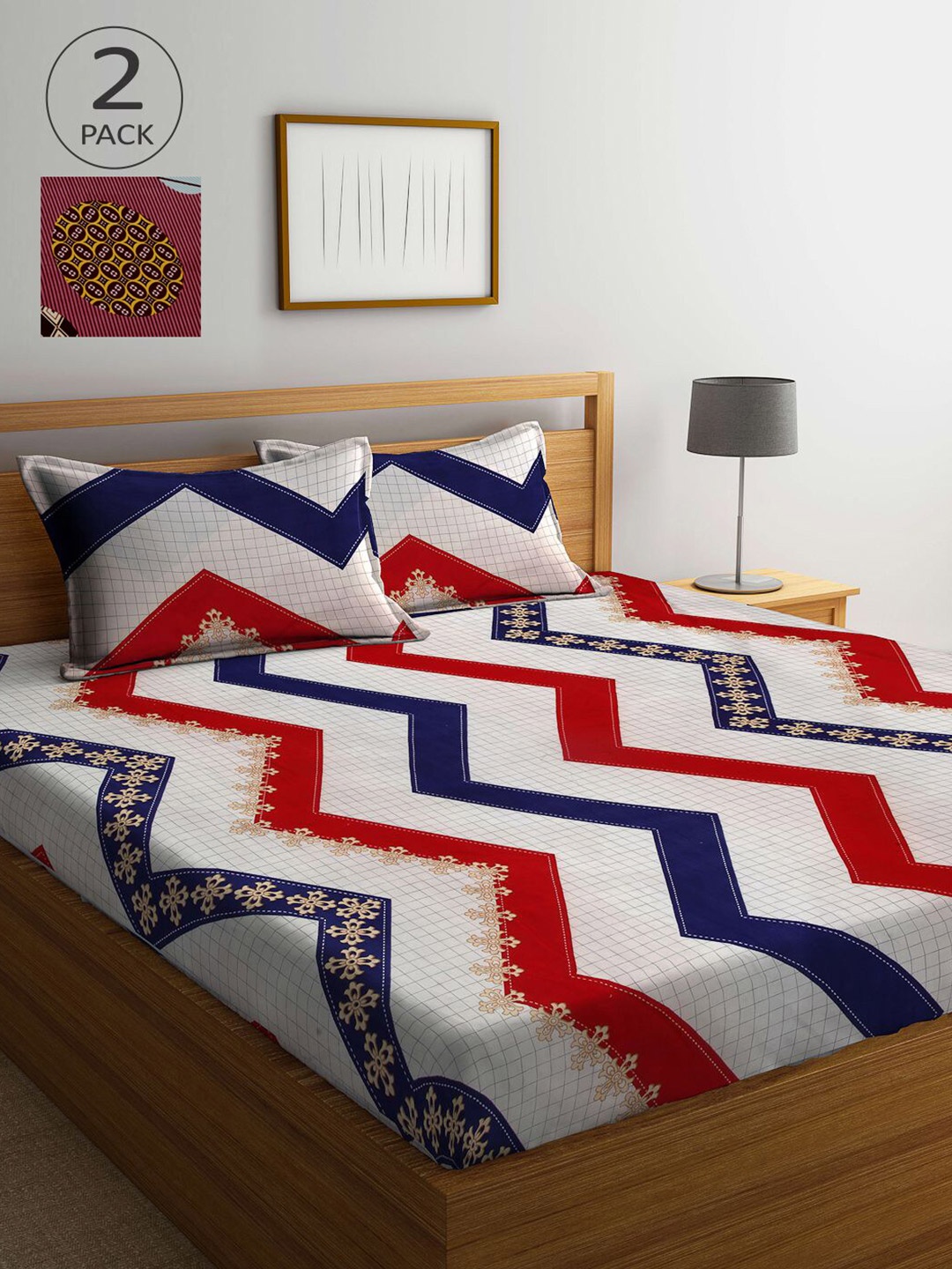 KLOTTHE Set Of 2 Printed 210 TC 2 King Bedsheet with 4 Pillow Covers, Off white