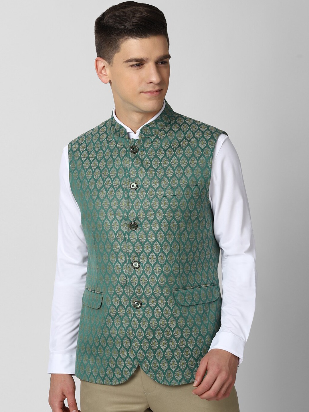 Peter England Elite Men Green & Yellow Printed Woven Nehru Jacket