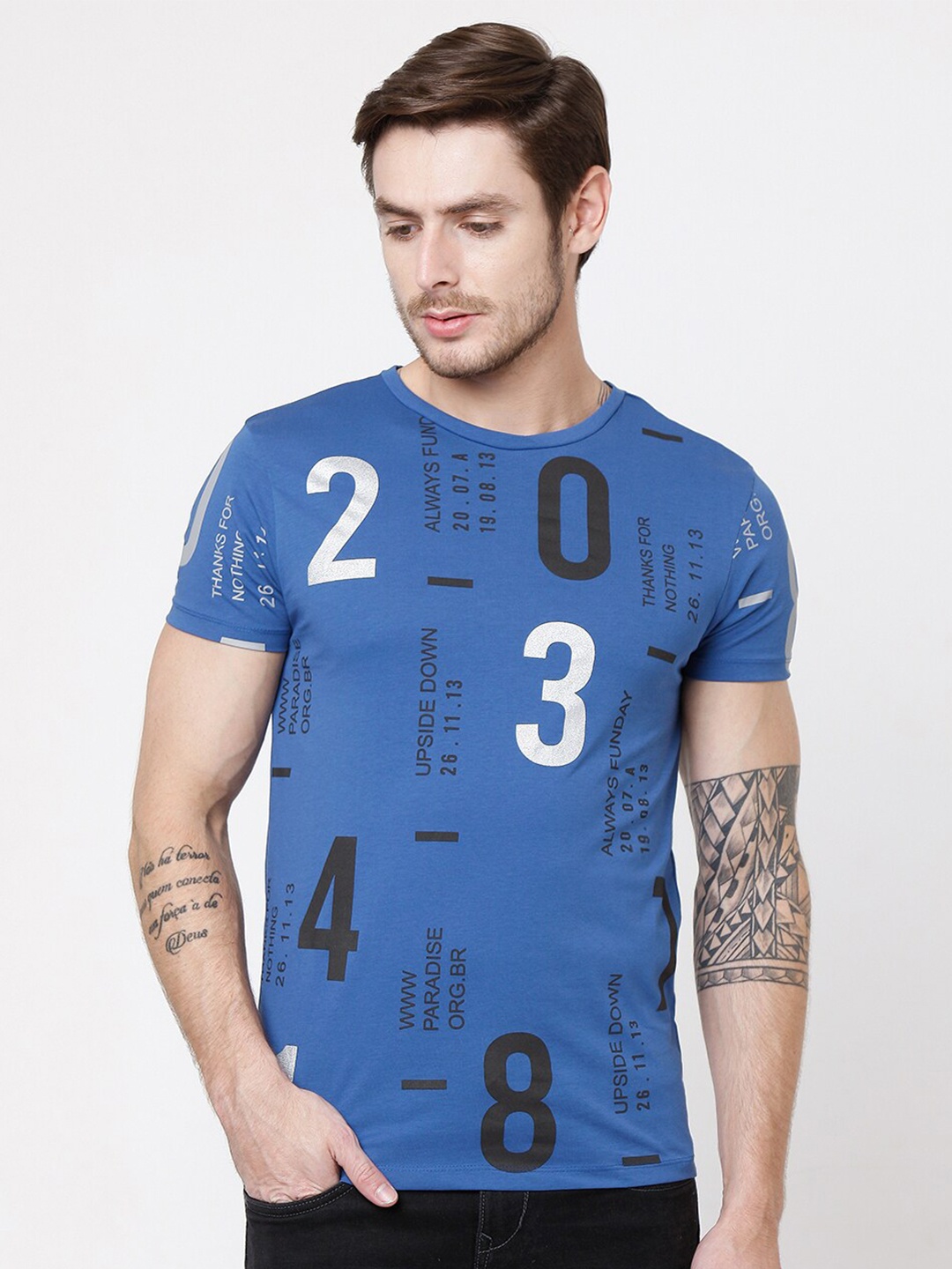 Rex Straut Jeans Men Blue Typography Printed Slim Fit T-shirt