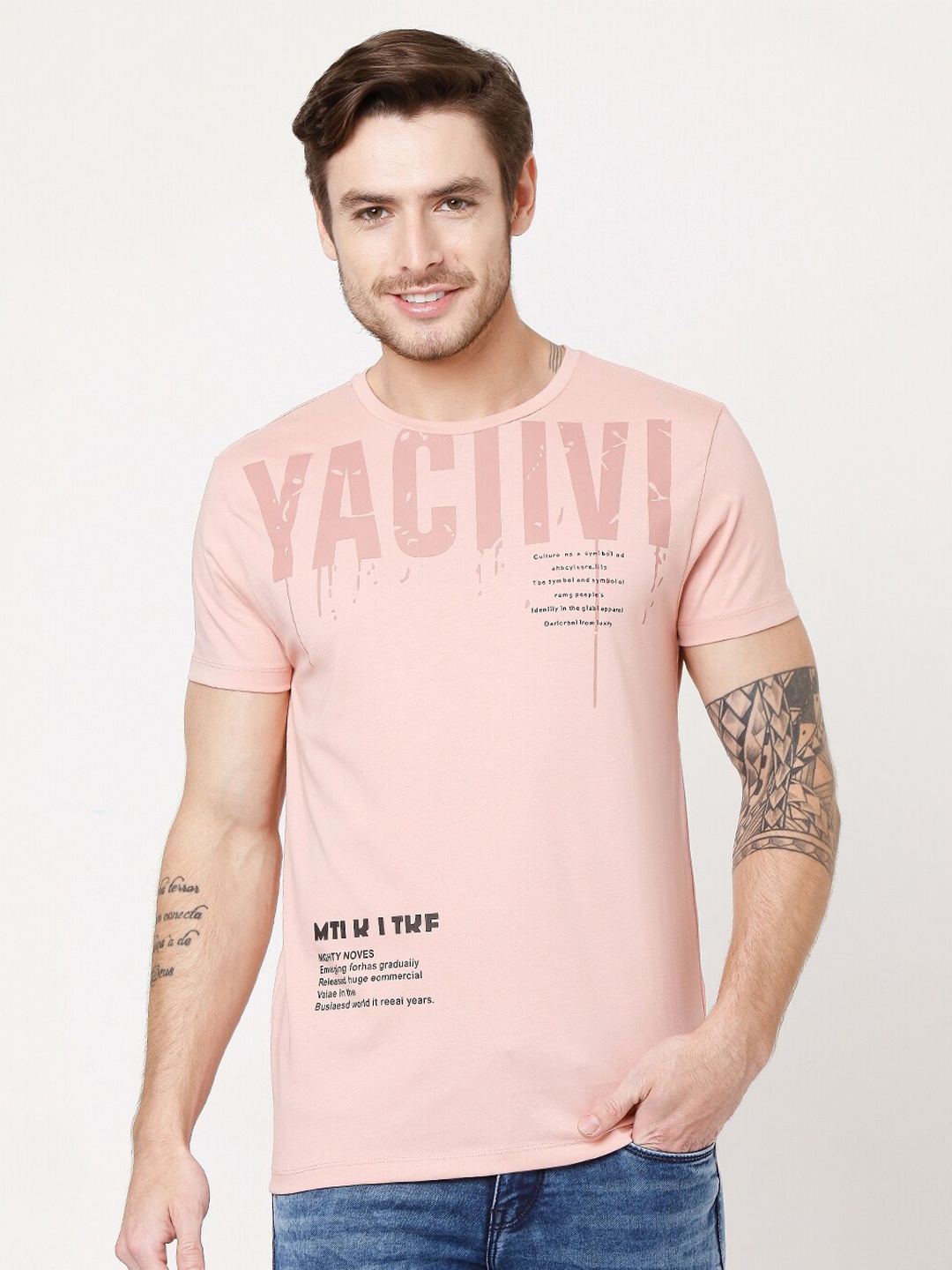 Rex Straut Jeans Men Pink Typography Printed Applique Slim Fit T-shirt