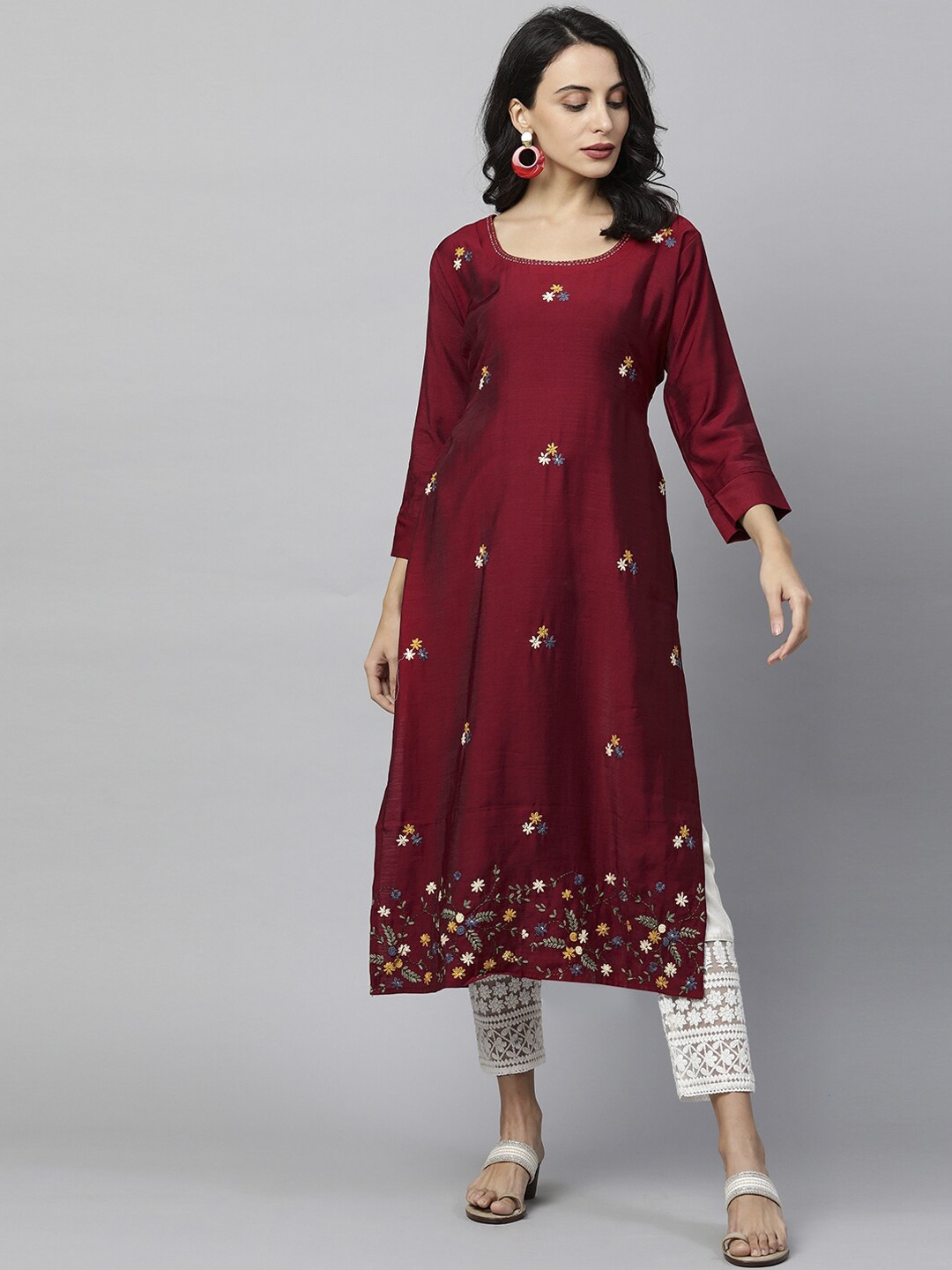 FASHOR Women Maroon Floral Dyed Keyhole Neck Thread Work Kurta