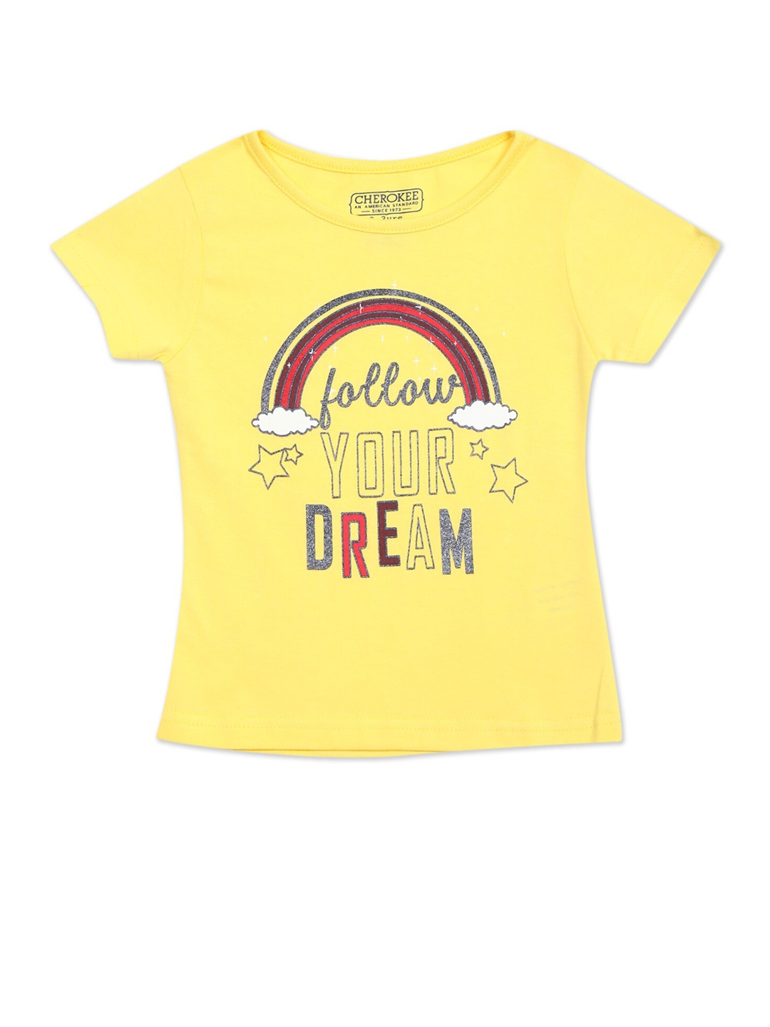 Cherokee Girls Yellow Typography Printed Pure Cotton T-shirt