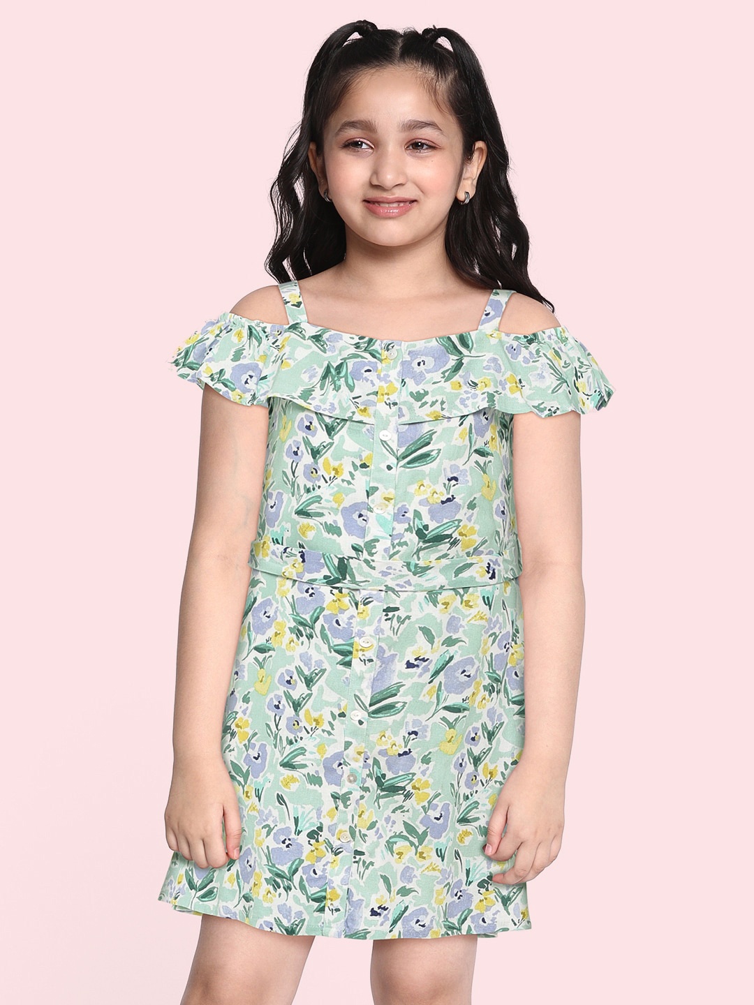 AND Girls Green Printed Fit & Flare Dress
