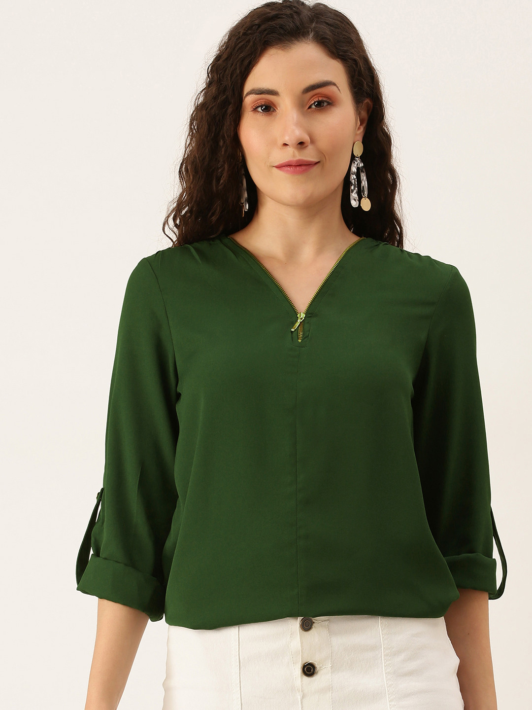 Flying Machine Women Green Solid Roll-Up Sleeves Top
Flying Machine Women Green Solid Roll-Up Sleeves Top
