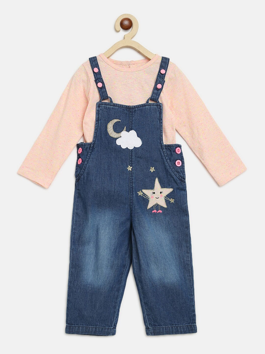 Nauti Nati Girls Blue & Peach-Coloured Embellished Pure Cotton Dungaree with T-shirt
Nauti Nati Girls Blue & Peach-Coloured Embellished Pure Cotton Dungaree with T-shirt