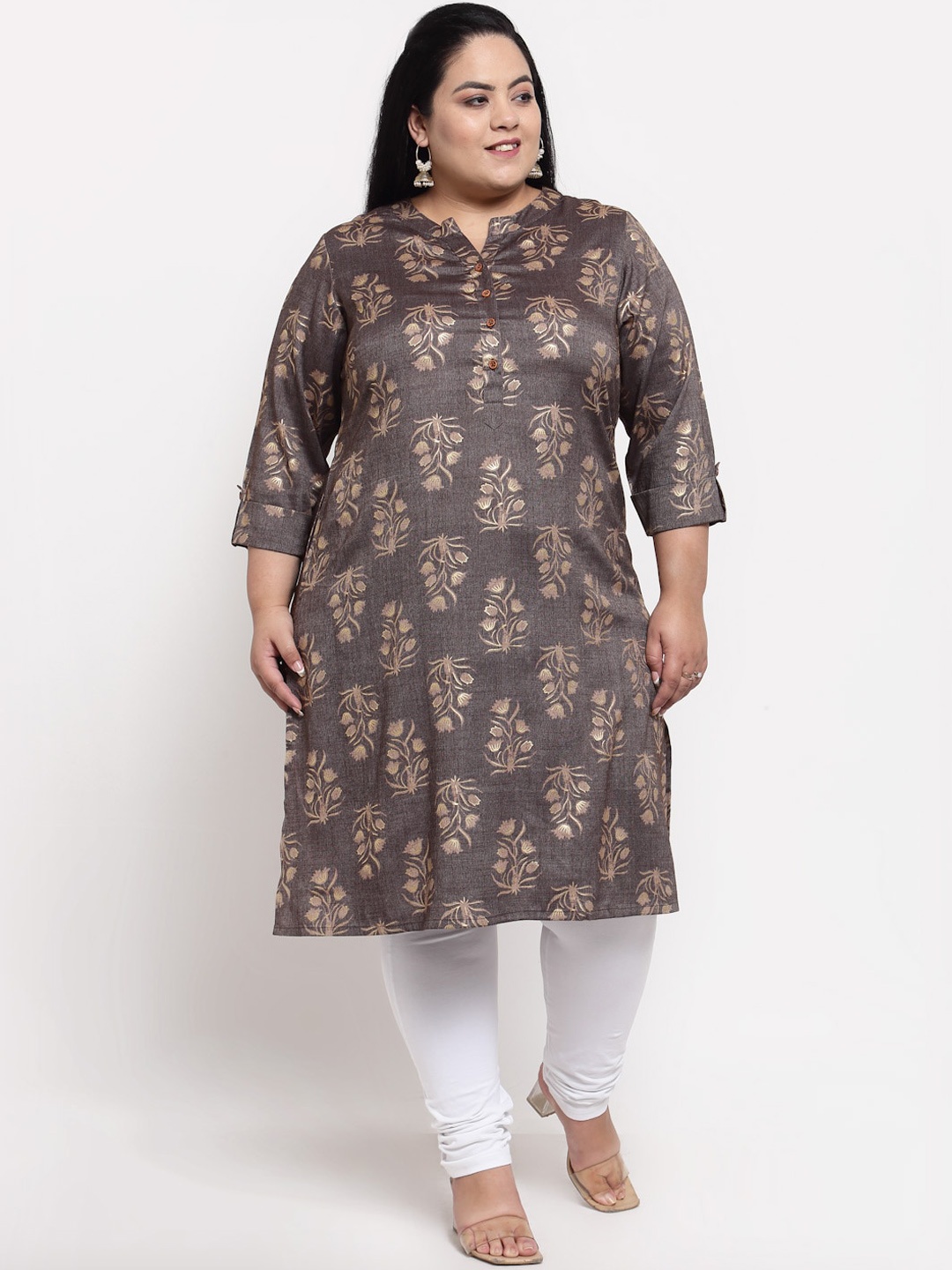plusS Women Brown Floral Printed Kurta