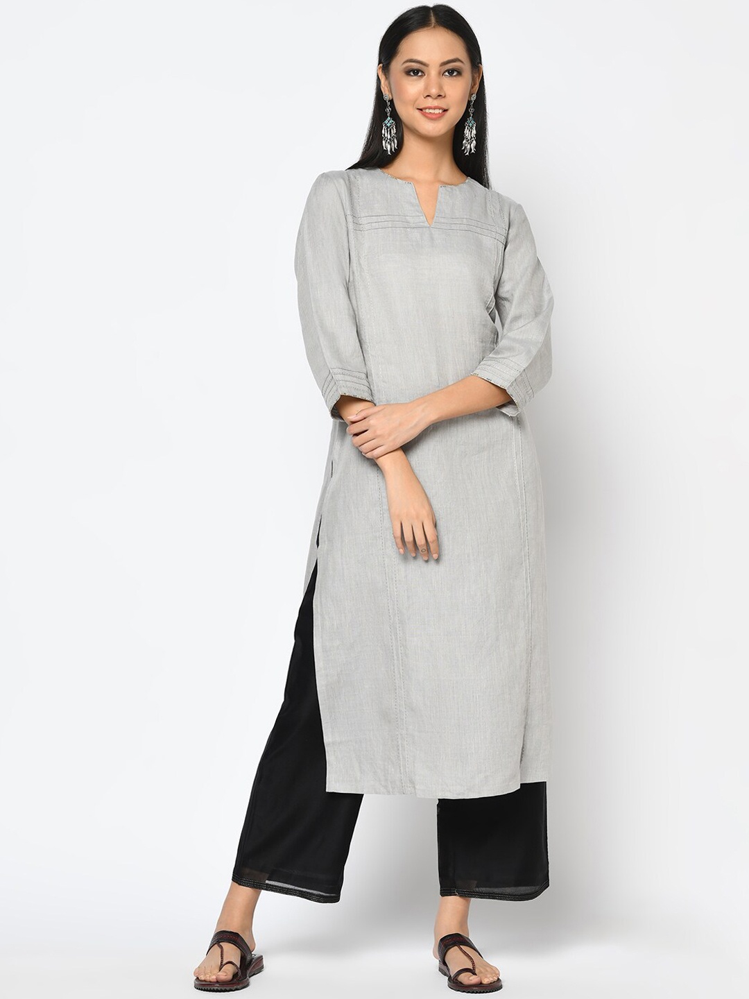 Fabindia Women Grey Thread Work Linen Kurta