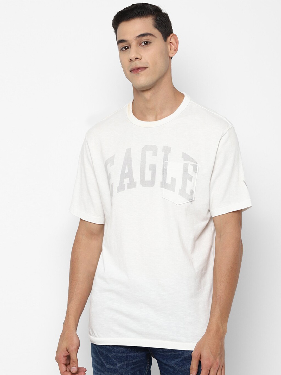 AMERICAN EAGLE OUTFITTERS Men Beige Typography Printed Raw Edge T-shirt