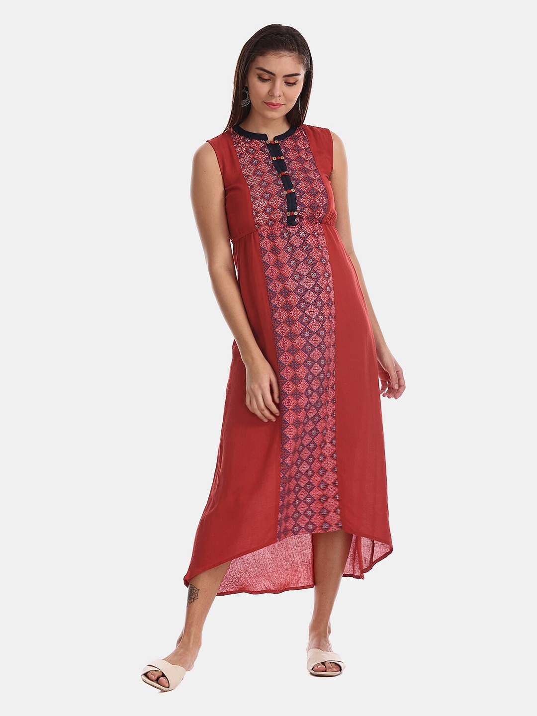 Bronz Red Ethnic Motifs Midi Dress