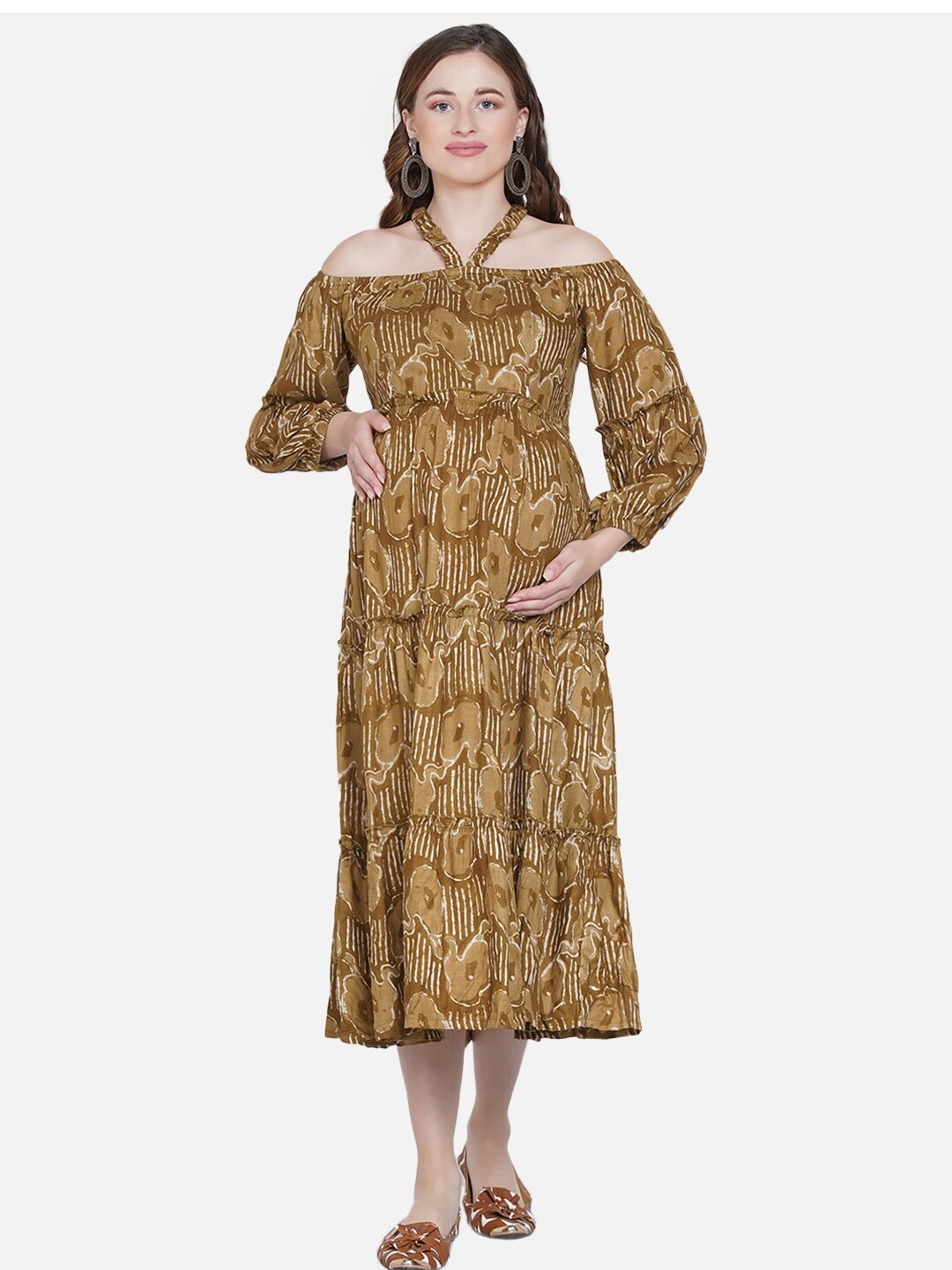 Mine4Nine Brown Floral Maternity Midi Dress
