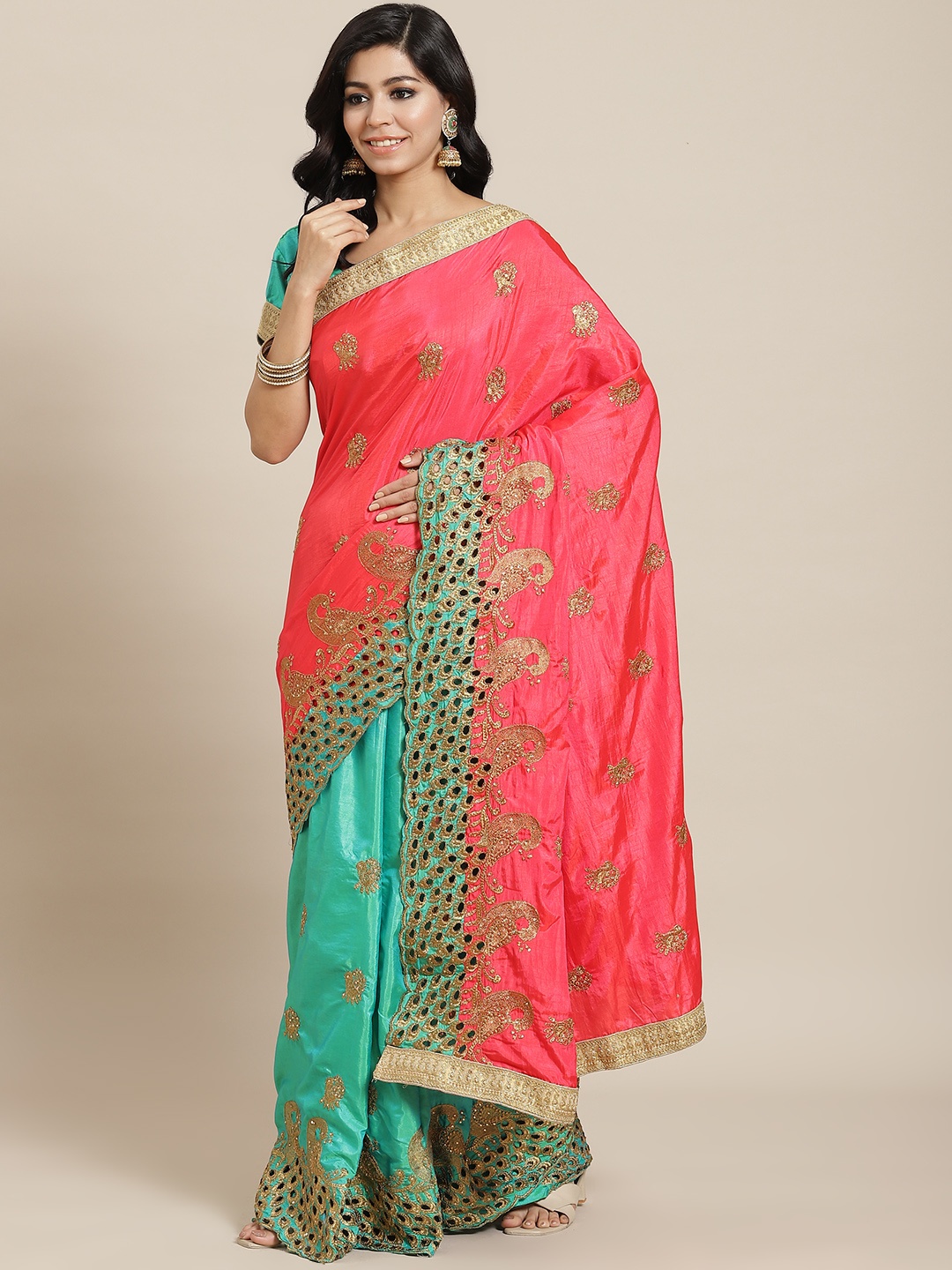 SERONA FABRICS Coral Pink & Turquoise Blue Sana Silk Zari Embroidery Half and Half Saree
SERONA FABRICS Coral Pink & Turquoise Blue Sana Silk Zari Embroidery Half and Half Saree