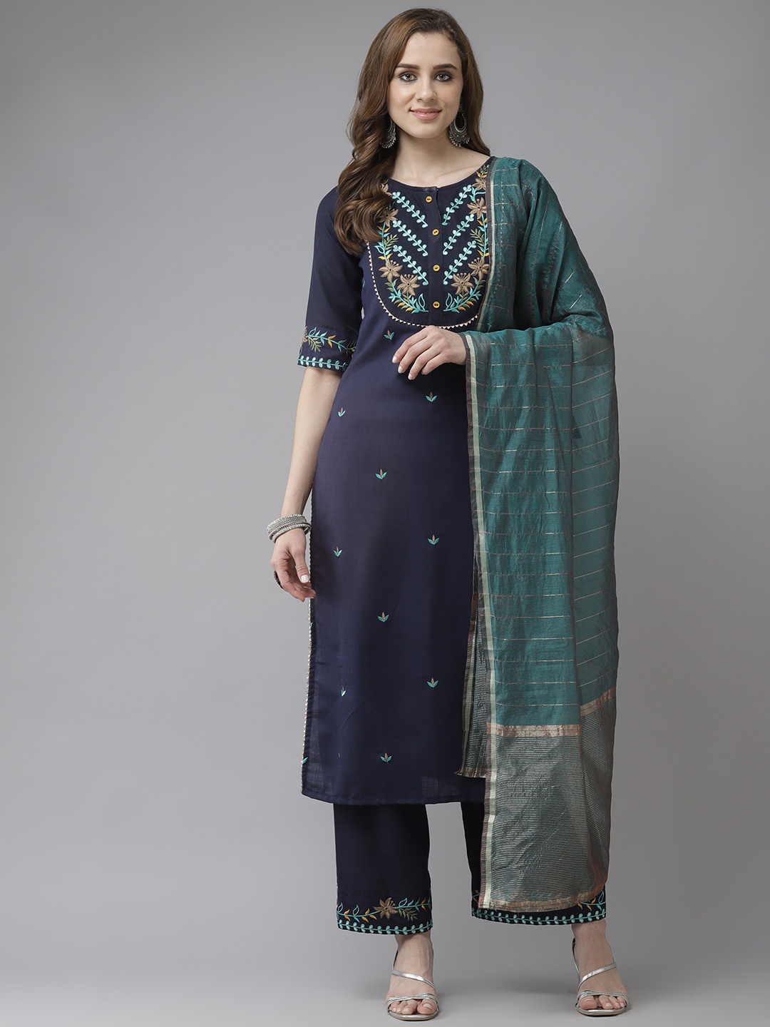 Indo Era Navy Blue & Green Floral Embroidered Straight Kurta with Palazzos & With Dupatta
Indo Era Navy Blue & Green Floral Embroidered Straight Kurta with Palazzos & With Dupatta