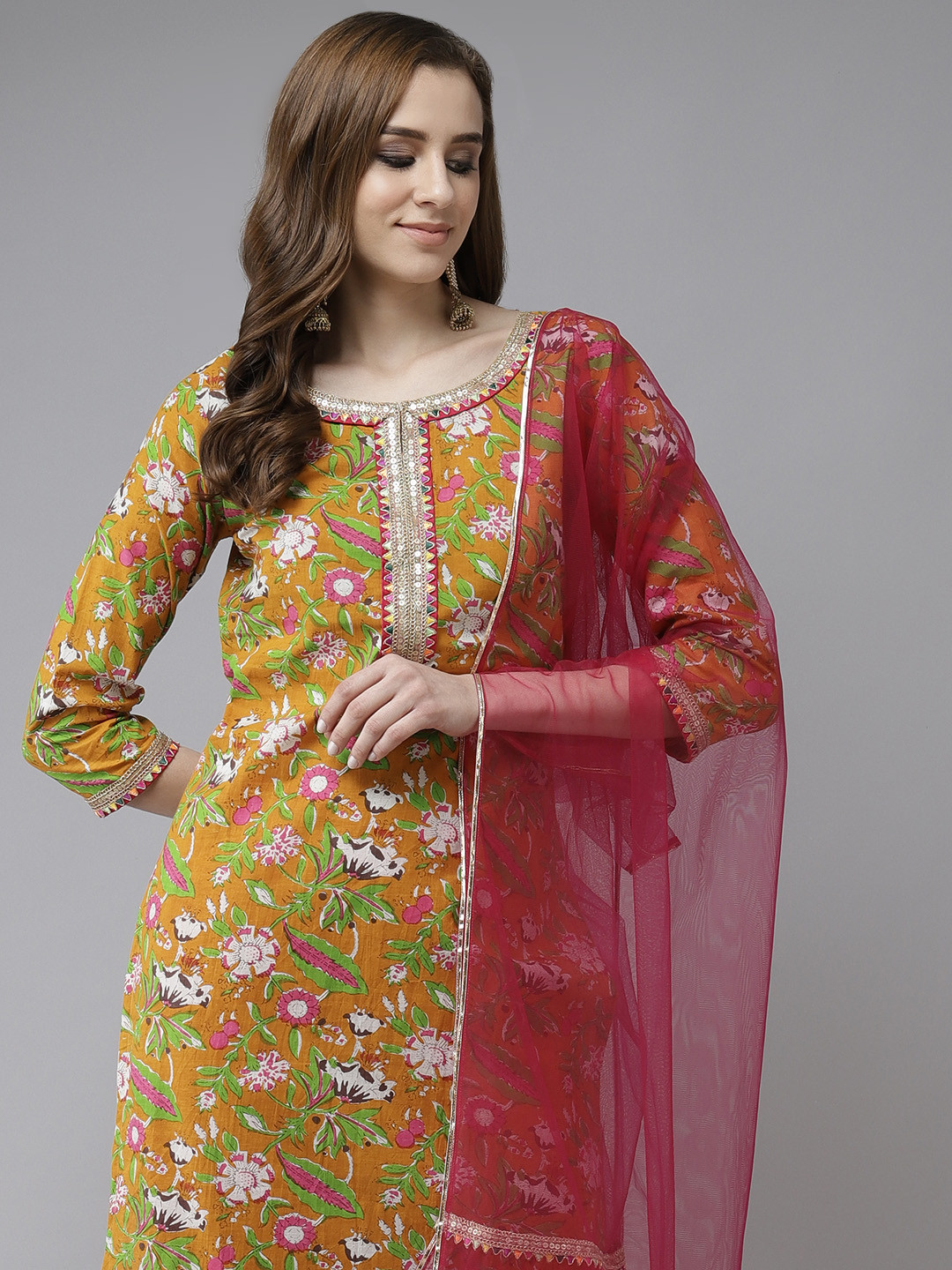 Indo Era Mustard Yellow & Pink Floral Printed Thread Work Straight Kurta Palazzos Dupatta
Indo Era Mustard Yellow & Pink Floral Printed Thread Work Straight Kurta Palazzos Dupatta