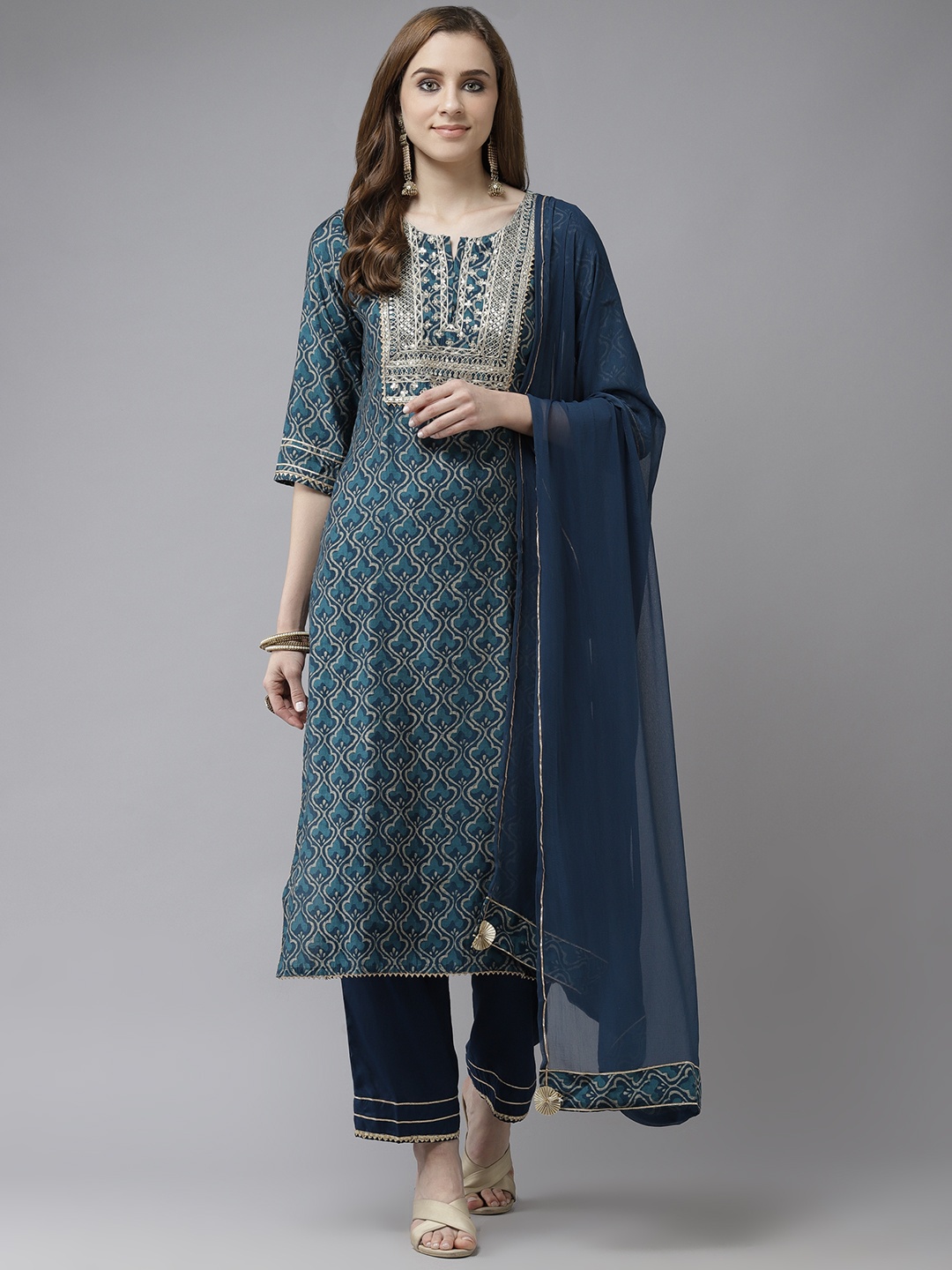 Indo Era Teal Blue & Beige Ethnic Motifs Printed Zari Straight Kurta Trousers Dupatta
Indo Era Teal Blue & Beige Ethnic Motifs Printed Zari Straight Kurta Trousers Dupatta