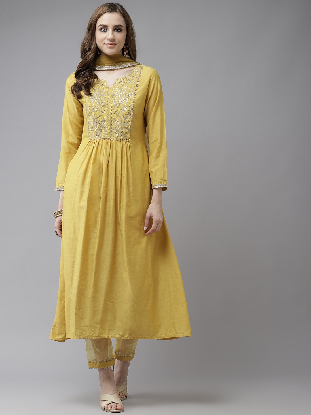Indo Era Mustard Yellow & Gold Floral Yoke Design Zari A-line Kurta Trousers Dupatta
Indo Era Mustard Yellow & Gold Floral Yoke Design Zari A-line Kurta Trousers Dupatta