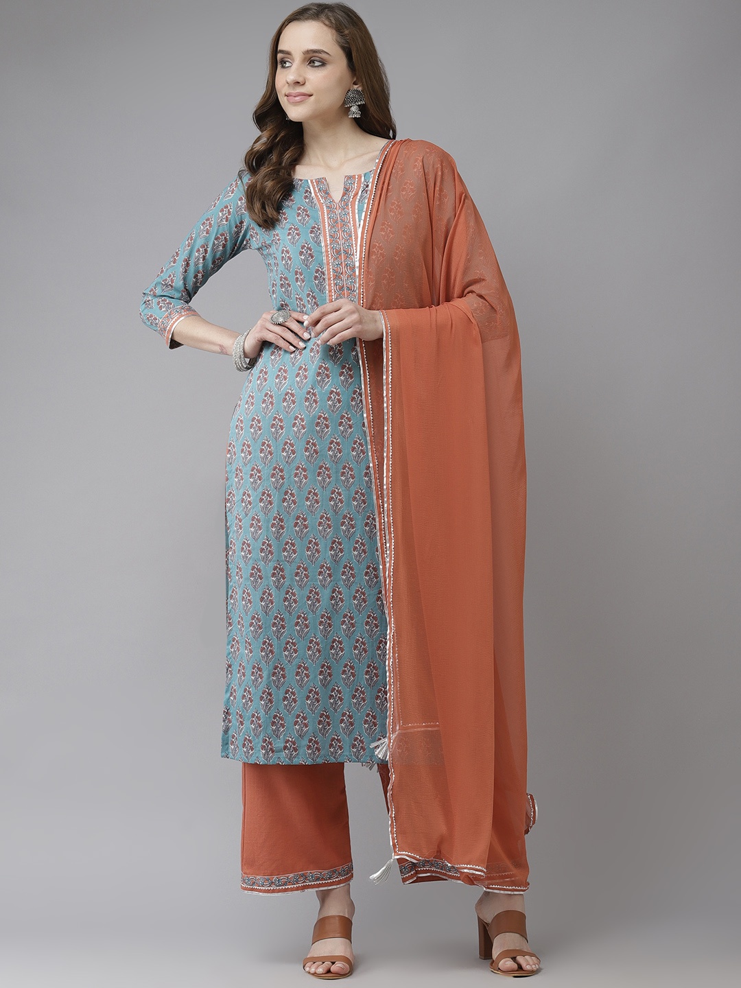 Indo Era Blue & Rust Orange Floral Printed Gotta Patti Straight Kurta Palazzos & Dupatta
Indo Era Blue & Rust Orange Floral Printed Gotta Patti Straight Kurta Palazzos & Dupatta