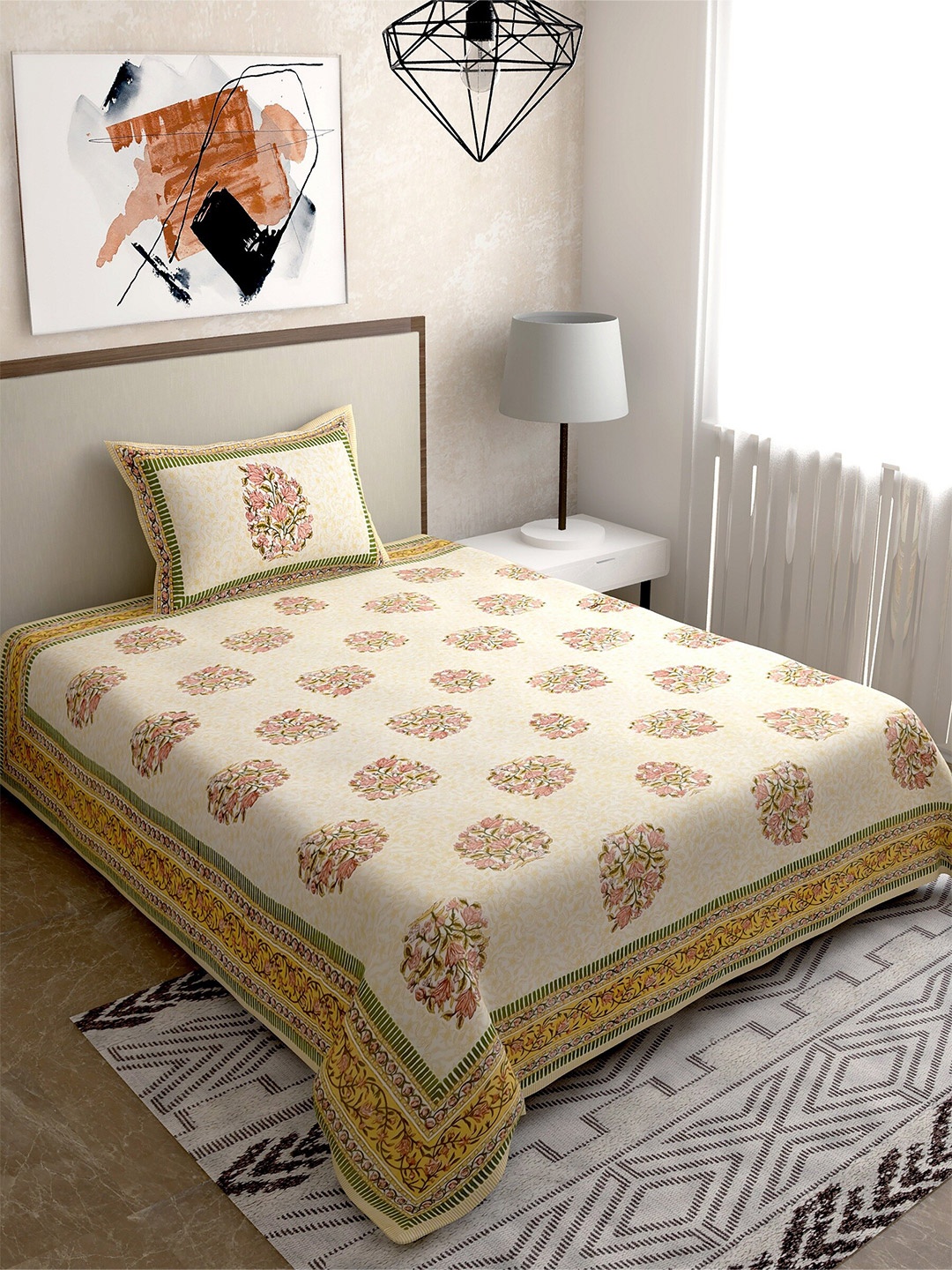 Salona Bichona Yellow & Pink Floral Pure Cotton 120 TC King Bedsheet & 2 Pillow Covers
Salona Bichona Yellow & Pink Floral Pure Cotton 120 TC King Bedsheet & 2 Pillow Covers