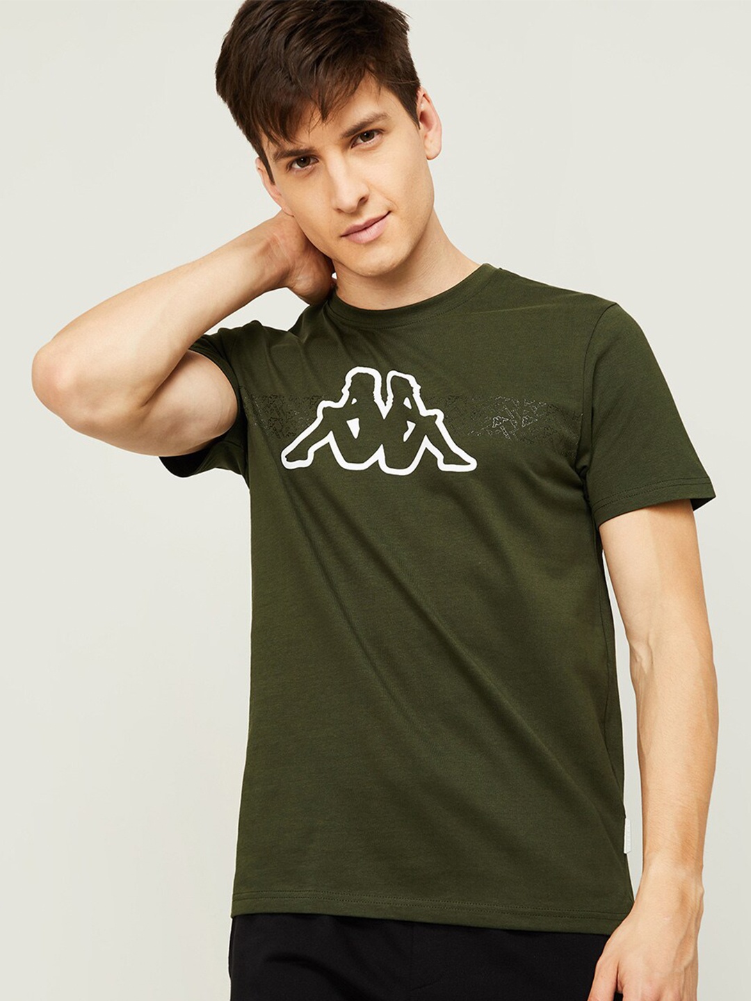Kappa Men Olive Green & White Brand Logo Printed Cotton T-shirt