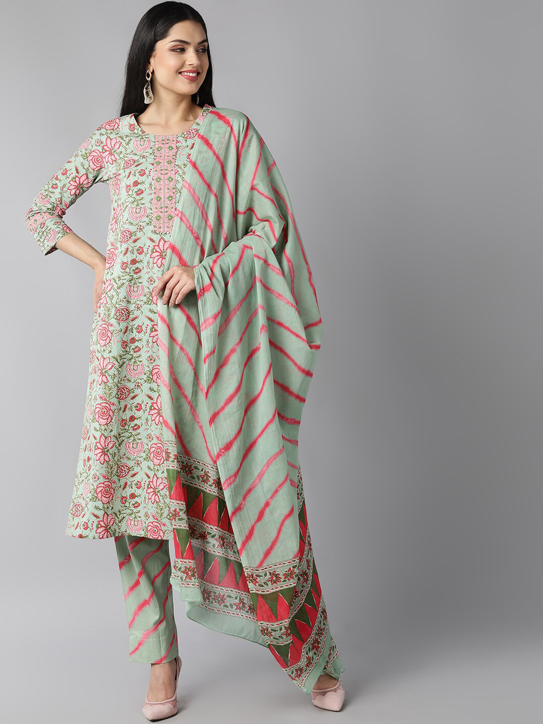 AHIKA Women Sea Green & Pink Floral Printed Pure Cotton Kurta with Trousers & Dupatta
AHIKA Women Sea Green & Pink Floral Printed Pure Cotton Kurta with Trousers & Dupatta