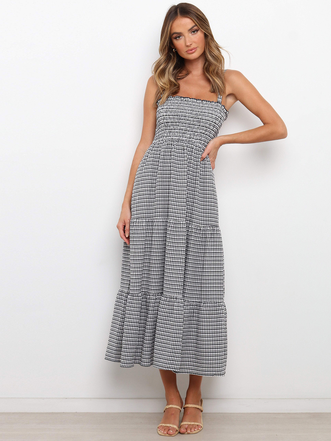 URBANIC Black & White Checked Smocked Tiered Maxi Dress
URBANIC Black & White Checked Smocked Tiered Maxi Dress