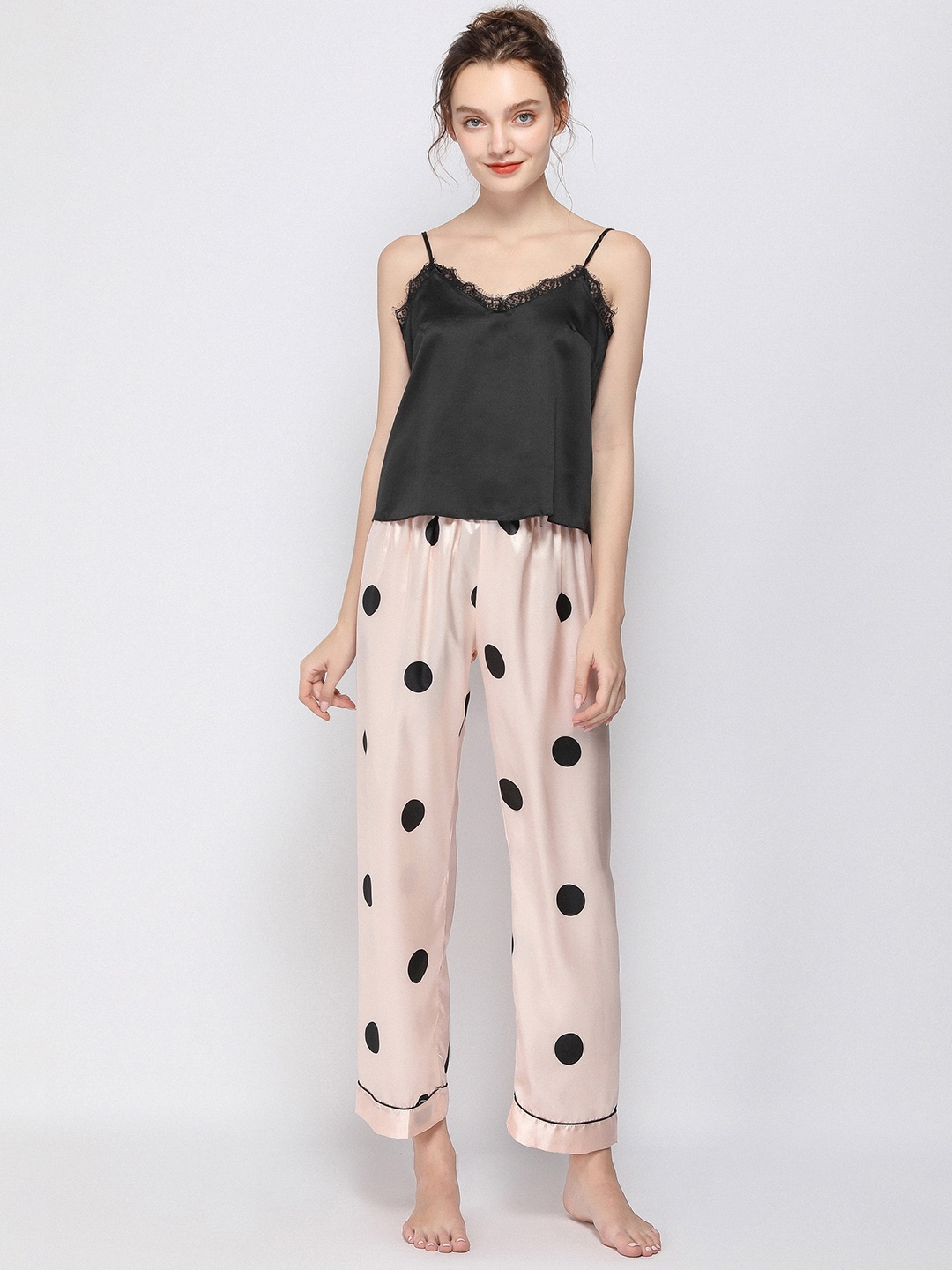 URBANIC Women Black & Pink Polka Dots Print Pyjama Set
