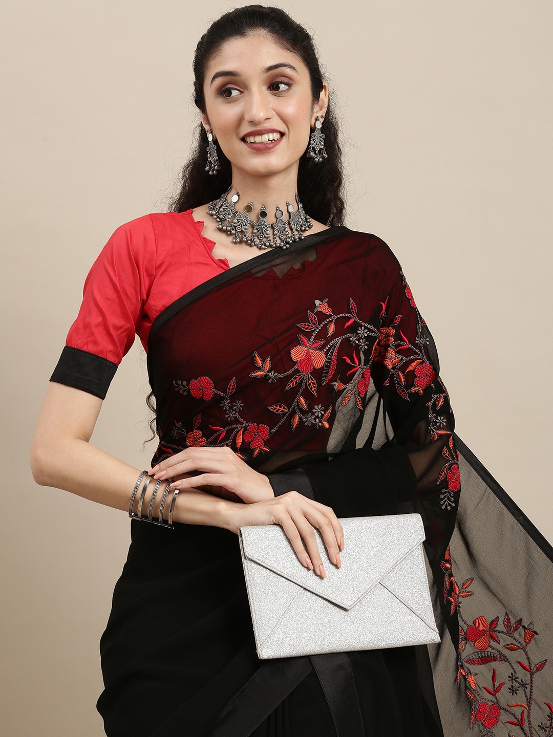 Mitera Black Floral Embroidered Pure Georgette Saree