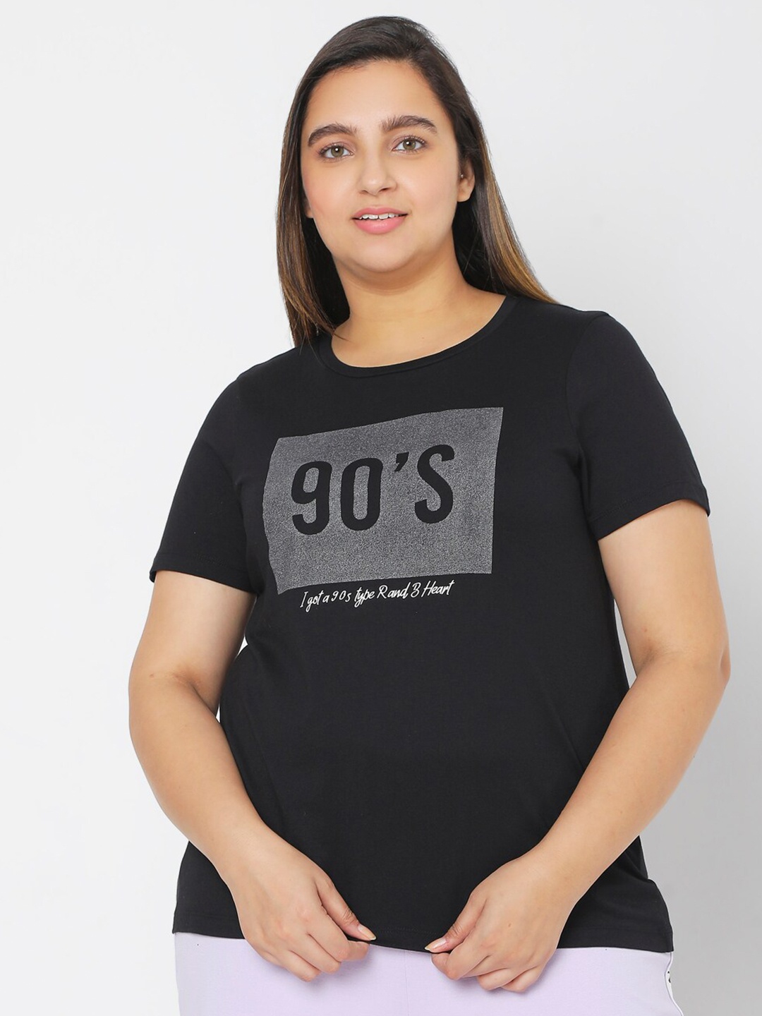 VERO MODA CURVE Women Black Typography Printed T-shirt